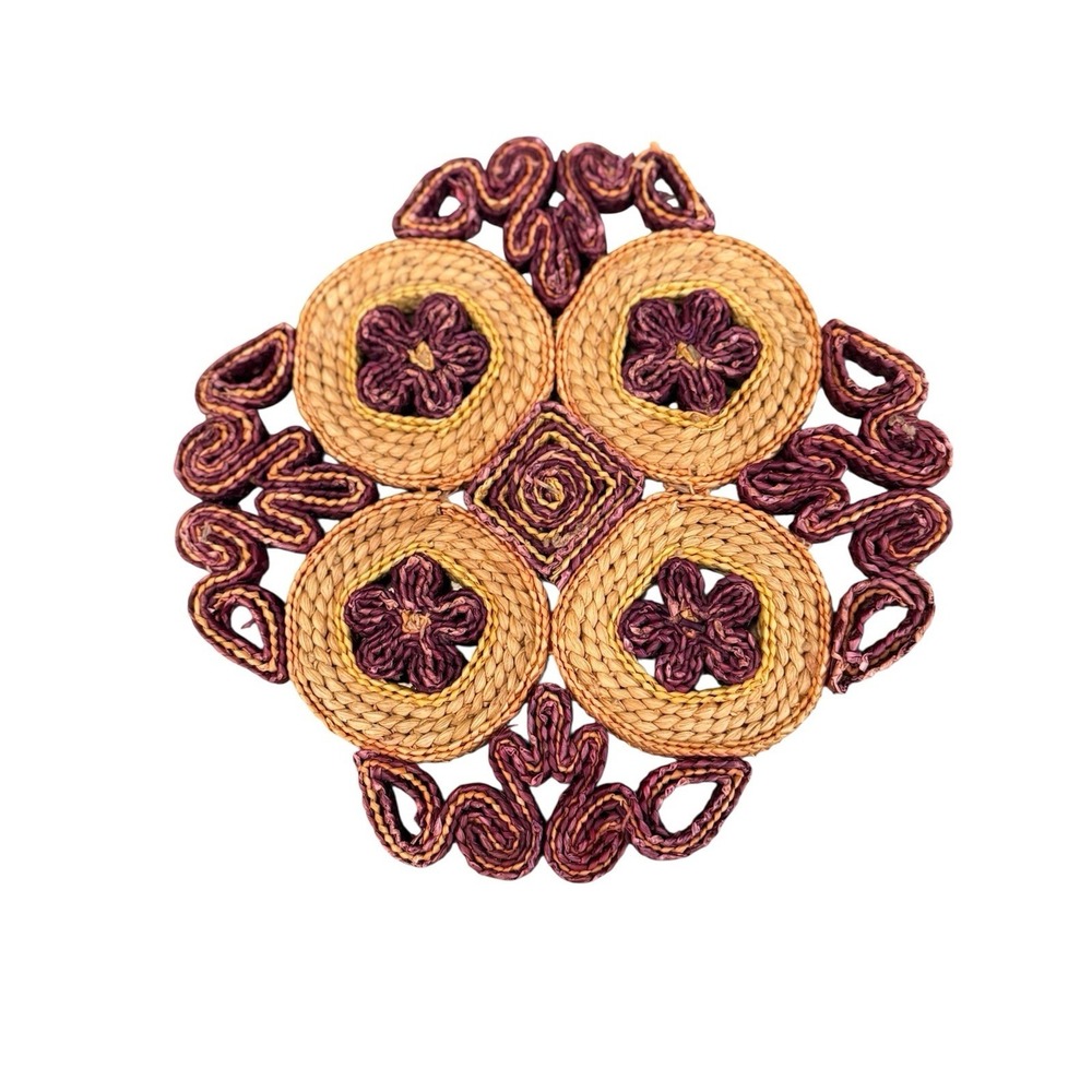 Vintage Wicker Straw Hot Pad Trivet Woven‎ Rattan Raffia  Red Gold  Color